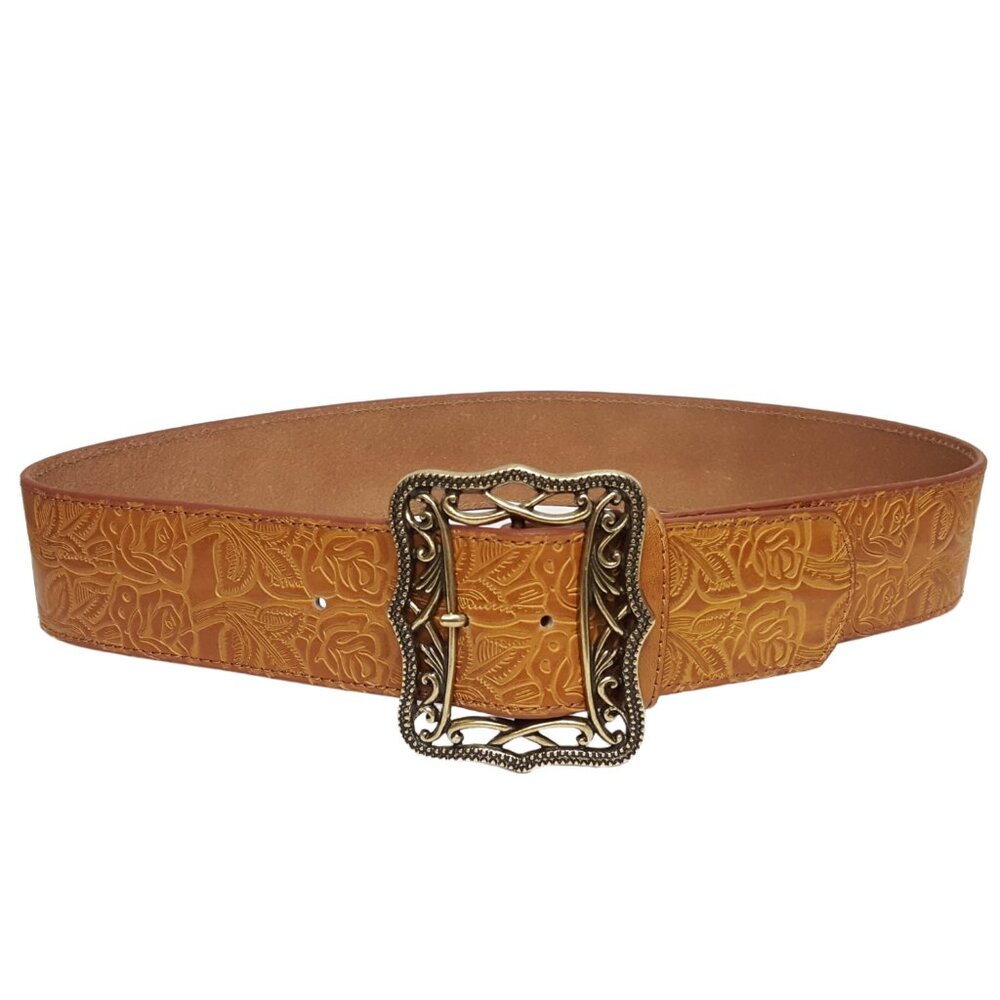 Western Wide Width Rose Embossing Leather Belt